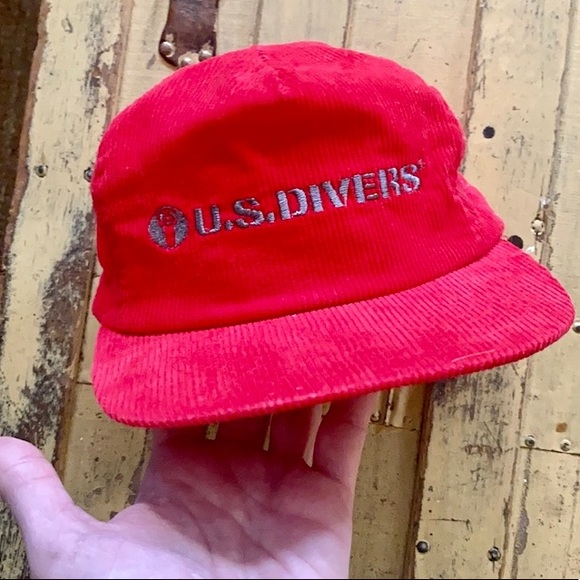 90s Y2K VINTAGE CORDUROY HAT US DIVERS RED SNAPBACK HAT TRUCKER